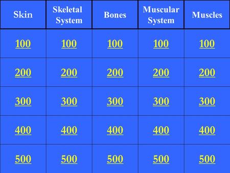 200 300 400 500 100 200 300 400 500 100 200 300 400 500 100 200 300 400 500 100 200 300 400 500 100 Skin Skeletal System Bones Muscular System Muscles.