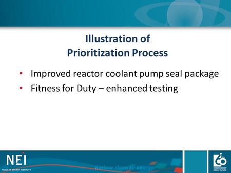 Illustration of Prioritization Process Improved reactor coolant pump seal package Fitness for Duty – enhanced testing.
