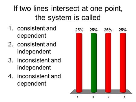 If two lines intersect at one point, the system is called 1.consistent and dependent 2.consistent and independent 3.inconsistent and independent 4.inconsistent.