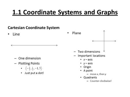 1.1 Coordinate Systems and Graphs Cartesian Coordinate System Line – One dimension – Plotting Points Just put a dot! Plane – Two dimensions – Important.