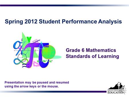 Spring 2012 Student Performance Analysis Grade 6 Mathematics Standards of Learning 1 Presentation may be paused and resumed using the arrow keys or the.