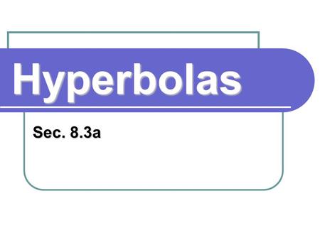 Hyperbolas Sec. 8.3a. Definition: Hyperbola A hyperbola is the set of all points in a plane whose distances from two fixed points in the plane have a.