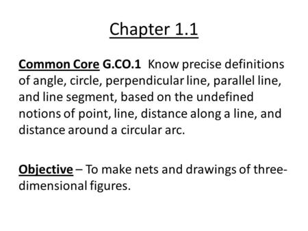 Chapter 1.1 Common Core G.CO.1 Know precise definitions of angle, circle, perpendicular line, parallel line, and line segment, based on the undefined notions.