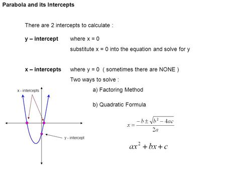 Parabola and its Intercepts There are 2 intercepts to calculate : y – interceptwhere x = 0 substitute x = 0 into the equation and solve for y x – interceptswhere.