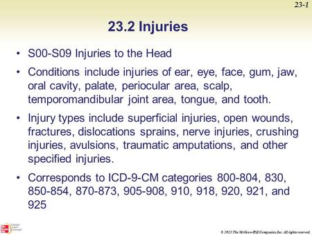 © 2013 The McGraw-Hill Companies, Inc. All rights reserved. 23.2 Injuries S00-S09 Injuries to the Head Conditions include injuries of ear, eye, face, gum,