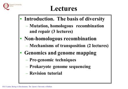©M J Larkin Biology & Biochemistry. The Queen’s University of Belfast. Lectures Introduction. The basis of diversity –Mutation, homologous recombination.