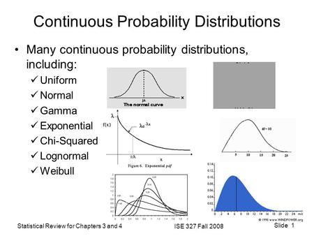 Statistical Review for Chapters 3 and 4 ISE 327 Fall 2008 Slide 1 Continuous Probability Distributions Many continuous probability distributions, including: