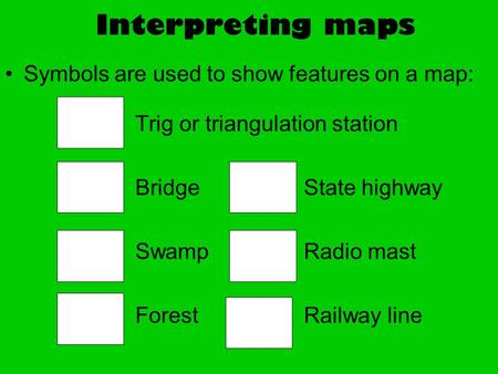 Interpreting maps Symbols are used to show features on a map: