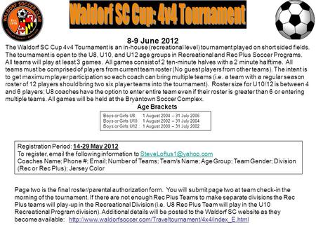 Registration Period: 14-29 May 2012 To register,  the following information to Coaches Name; Phone #;