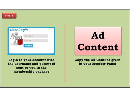 Step - 1 Login to your account with the username and password sent to you in the membership package Ad Content Copy the Ad Content given in your Member.