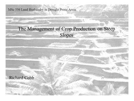 The Management of Crop Production on Steep Slopes MSc 556 Land Husbandry in Drought Prone Areas Richard Cobb.