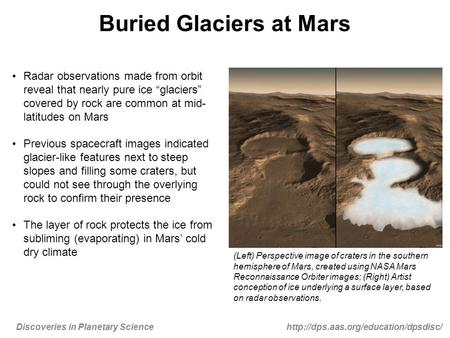 Discoveries in Planetary Sciencehttp://dps.aas.org/education/dpsdisc/ Buried Glaciers at Mars Radar observations made from orbit reveal that nearly pure.