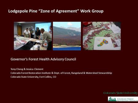 Lodgepole Pine “Zone of Agreement” Work Group Governor’s Forest Health Advisory Council Tony Cheng & Jessica Clement Colorado Forest Restoration Institute.