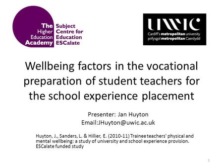 Wellbeing factors in the vocational preparation of student teachers for the school experience placement Presenter: Jan Huyton