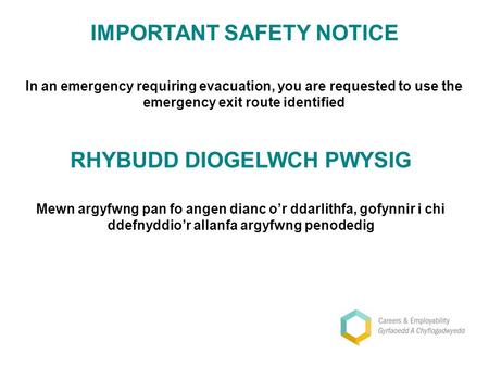IMPORTANT SAFETY NOTICE In an emergency requiring evacuation, you are requested to use the emergency exit route identified RHYBUDD DIOGELWCH PWYSIG Mewn.