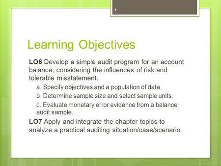 Learning Objectives LO6 Develop a simple audit program for an account balance, considering the influences of risk and tolerable misstatement. a. Specify.