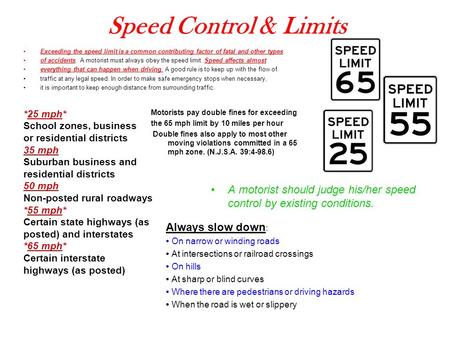 Speed Control & Limits Exceeding the speed limit is a common contributing factor of fatal and other types of accidents. A motorist must always obey the.