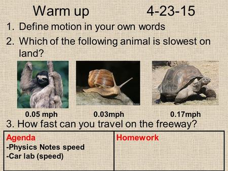 Warm up 4-23-15 1.Define motion in your own words 2.Which of the following animal is slowest on land? 3. How fast can you travel on the freeway? Agenda.