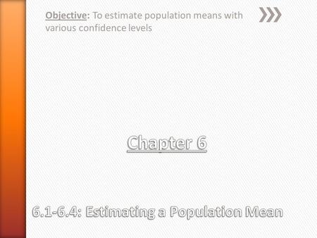 Objective: To estimate population means with various confidence levels.