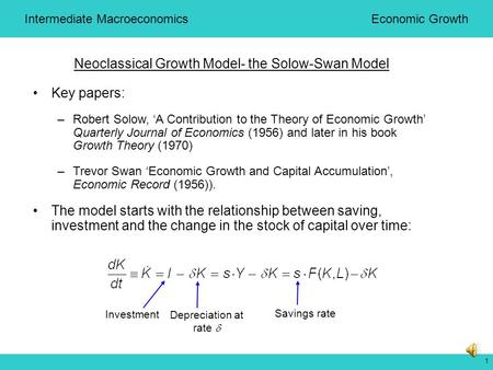 1 Neoclassical Growth Model- the Solow-Swan Model Key papers: –Robert Solow, ‘A Contribution to the Theory of Economic Growth’ Quarterly Journal of Economics.