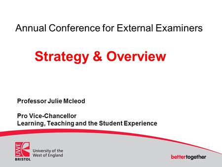 Professor Julie Mcleod Pro Vice-Chancellor Learning, Teaching and the Student Experience Annual Conference for External Examiners Strategy & Overview.