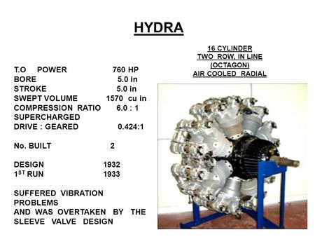 HYDRA 16 CYLINDER TWO ROW, IN LINE (OCTAGON) AIR COOLED RADIAL T.O POWER 760 HP BORE 5.0 in STROKE 5.0 in SWEPT VOLUME 1570 cu in COMPRESSION RATIO 6.0.