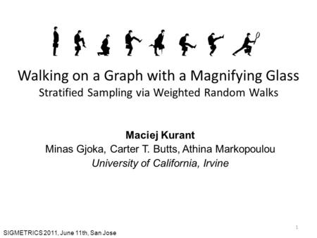 1 Walking on a Graph with a Magnifying Glass Stratified Sampling via Weighted Random Walks Maciej Kurant Minas Gjoka, Carter T. Butts, Athina Markopoulou.