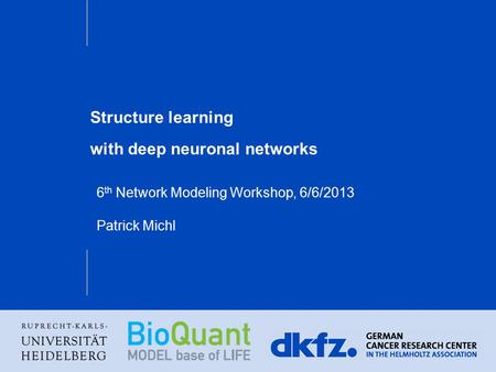 Structure learning with deep neuronal networks 6 th Network Modeling Workshop, 6/6/2013 Patrick Michl.