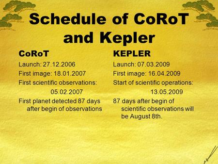 Schedule of CoRoT and Kepler CoRoT Launch: 27.12.2006 First image: 18.01.2007 First scientific observations: 05.02.2007 First planet detected 87 days after.