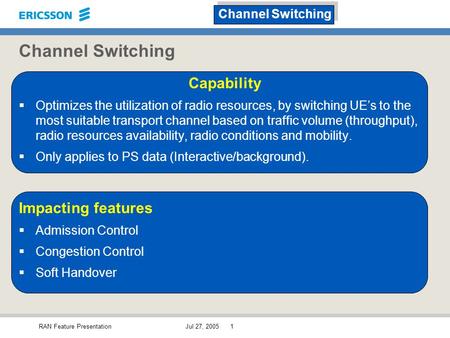Channel Switching Capability Impacting features Channel Switching