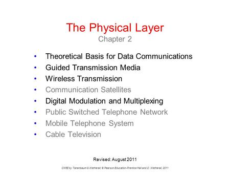 The Physical Layer Chapter 2 CN5E by Tanenbaum & Wetherall, © Pearson Education-Prentice Hall and D. Wetherall, 2011 Theoretical Basis for Data Communications.