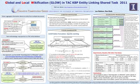 Global and Local Wikification (GLOW) in TAC KBP Entity Linking Shared Task 2011 Lev Ratinov, Dan Roth This research is supported by the Defense Advanced.