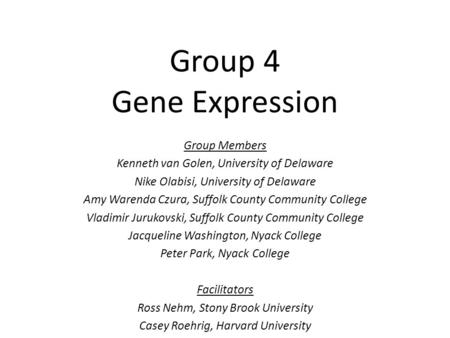 Group 4 Gene Expression Group Members Kenneth van Golen, University of Delaware Nike Olabisi, University of Delaware Amy Warenda Czura, Suffolk County.