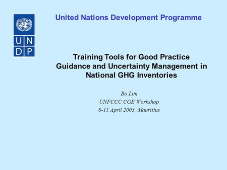 Bo Lim UNFCCC CGE Workshop 8-11 April 2003, Mauritius United Nations Development Programme Training Tools for Good Practice Guidance and Uncertainty Management.