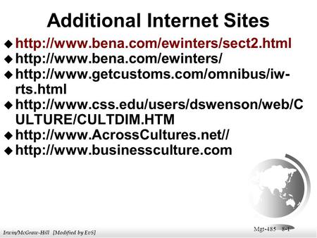 Irwin/McGraw-Hill [Modified by EvS] Mgt-485 8-1 Additional Internet Sites     