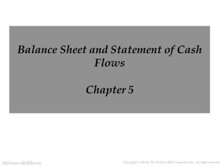 Copyright © 2004 by The McGraw-Hill Companies, Inc. All rights reserved. McGraw-Hill/Irwin Slide 3-1 Balance Sheet and Statement of Cash Flows Chapter.