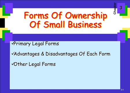 3-1 Forms Of Ownership Of Small Business Primary Legal Forms Primary Legal Forms Advantages & Disadvantages Of Each Form Advantages & Disadvantages Of.