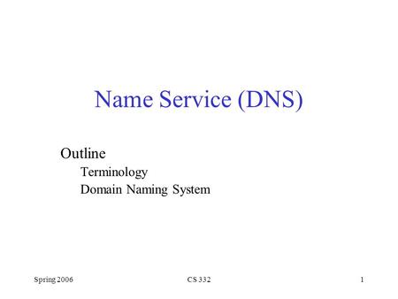 Spring 2006CS 3321 Name Service (DNS) Outline Terminology Domain Naming System.