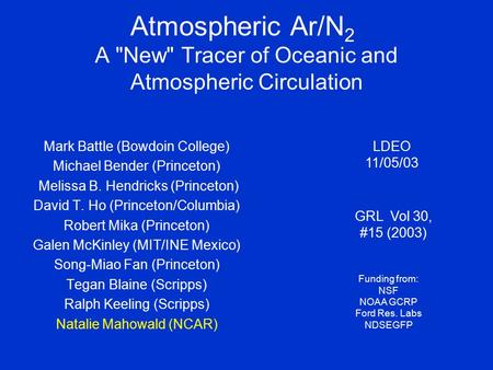 Atmospheric Ar/N 2 A New Tracer of Oceanic and Atmospheric Circulation Mark Battle (Bowdoin College) Michael Bender (Princeton) Melissa B. Hendricks.