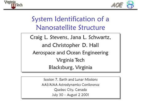 System Identification of a Nanosatellite Structure Craig L. Stevens, Jana L. Schwartz, and Christopher D. Hall Aerospace and Ocean Engineering Virginia.