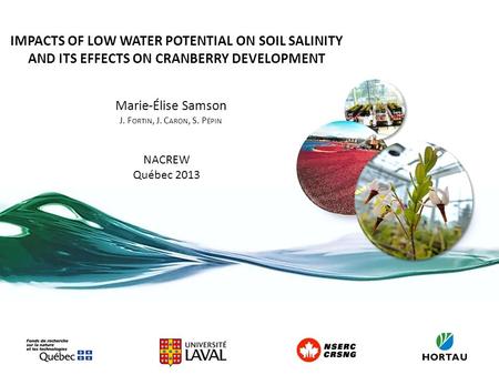 IMPACTS OF LOW WATER POTENTIAL ON SOIL SALINITY AND ITS EFFECTS ON CRANBERRY DEVELOPMENT Marie-Élise Samson J. F ORTIN, J. C ARON, S. P ÉPIN NACREW Québec.