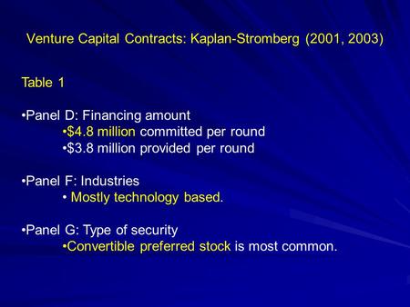 Venture Capital Contracts: Kaplan-Stromberg (2001, 2003) Table 1 Panel D: Financing amount $4.8 million committed per round $3.8 million provided per round.