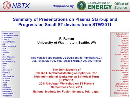 Summary of Presentations on Plasma Start-up and Progress on Small ST devices from STW2011 R. Raman University of Washington, Seattle, WA The Joint Meeting.