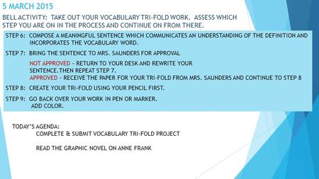 5 MARCH 2015 BELL ACTIVITY: TAKE OUT YOUR VOCABULARY TRI-FOLD WORK. ASSESS WHICH STEP YOU ARE ON IN THE PROCESS AND CONTINUE ON FROM THERE. STEP 6: COMPOSE.