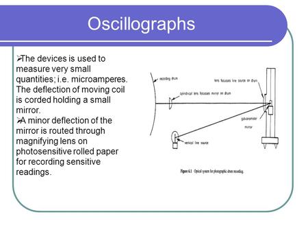 Oscillographs  The devices is used to measure very small quantities; i.e. microamperes. The deflection of moving coil is corded holding a small mirror.