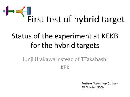 Status of the experiment at KEKB for the hybrid targets Junji Urakawa instead of T.Takahashi KEK Positron Workshop Durham 28 October 2009 First test of.