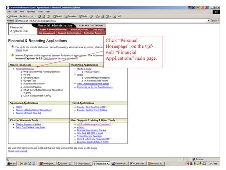 Click “Personal Homepage” on the vpf- web “Financial Applications” main page.