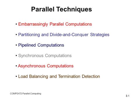 COMPE472 Parallel Computing Embarrassingly Parallel Computations Partitioning and Divide-and-Conquer Strategies Pipelined Computations Synchronous Computations.