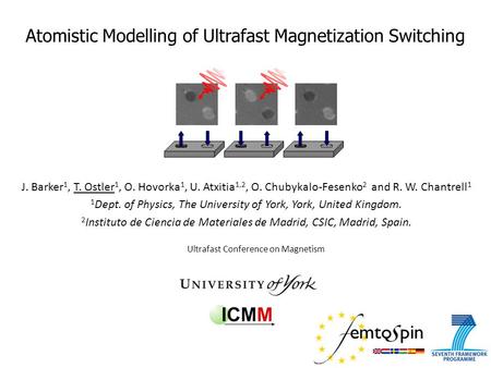 Atomistic Modelling of Ultrafast Magnetization Switching Ultrafast Conference on Magnetism J. Barker 1, T. Ostler 1, O. Hovorka 1, U. Atxitia 1,2, O. Chubykalo-Fesenko.