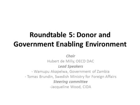 Roundtable 5: Donor and Government Enabling Environment Chair Hubert de Milly, OECD DAC Lead Speakers - Wamupu Akapelwa, Government of Zambia - Tomas Brundin,